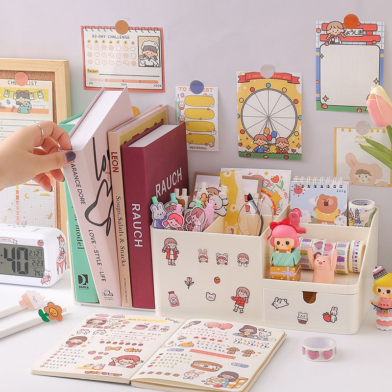 [littlecrab] Tempat Pena With Additional Rak Buku Aesthetic Room Desk Organizer Dengan Laci 5 Sekat Tempat Penyimpanan Pena Buku Stationary Kit Lengkap Adjustable