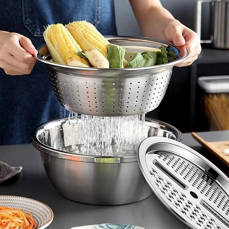 Baskom Stainless 3in1 Parutan Saringan Buah dan Sayur Multifungsi