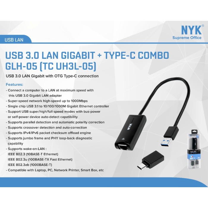 NYK GLN-05 USB 3.0 LAN Gigabit + Type-C combo