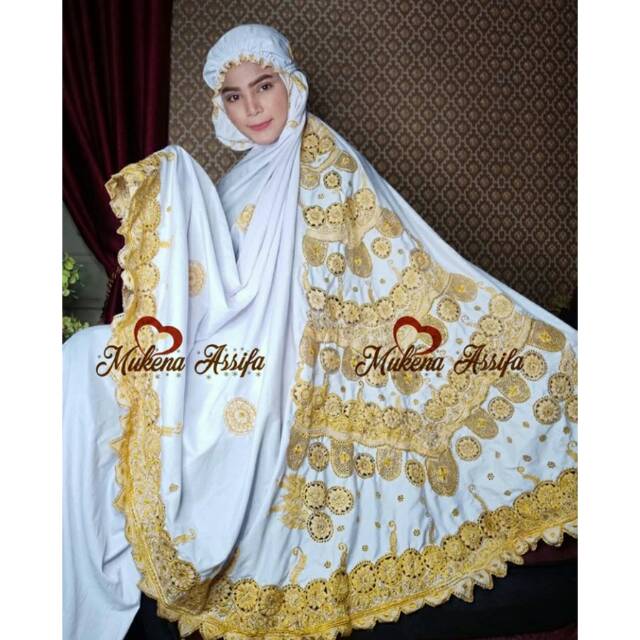 Mukena bordir mukena bukittinggi Ekslusive warna putih motif bola-bola kuning emas