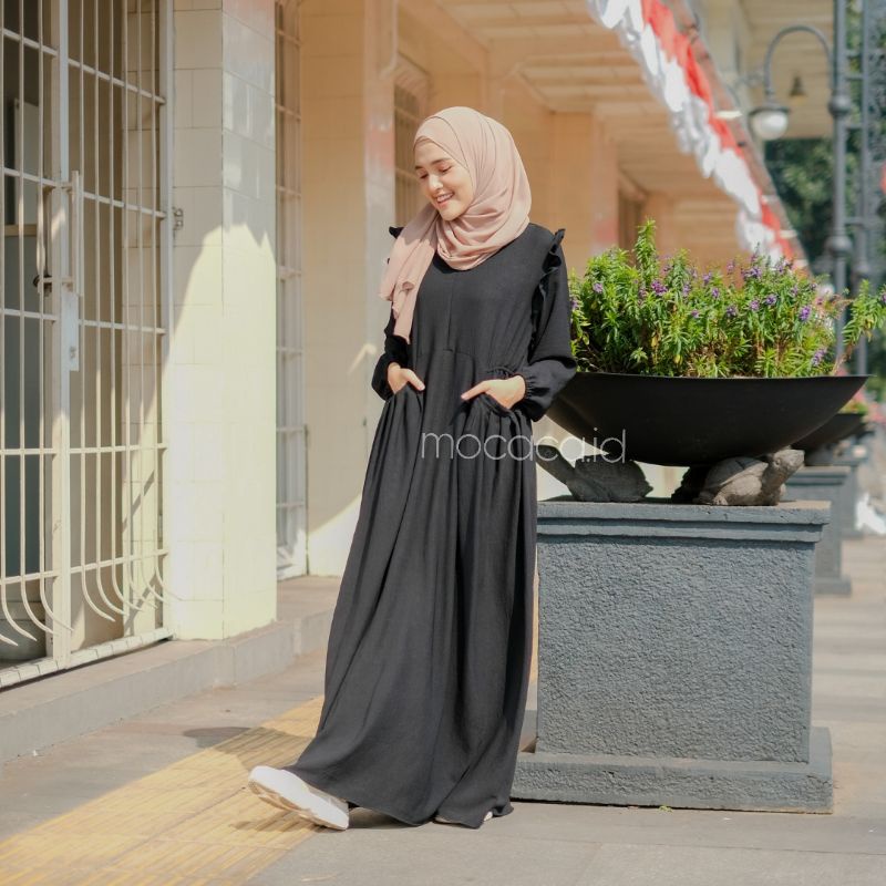 dress putih tulang hitam crincle premium renda dada busui friendly model rok payung sleting depan adem tidak menerawang gamis elegan