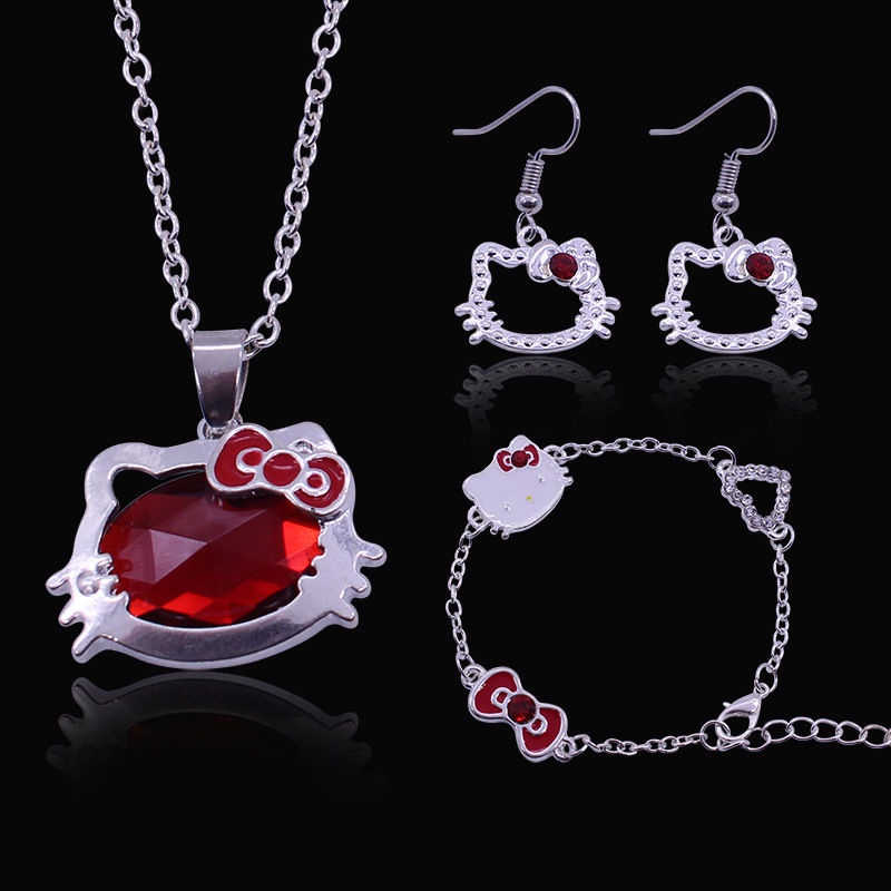 Gaya Korea Siswa Perempuan Lucu set Perhiasan Kartun Hello Kitty Ruby Kucing Gelang Anting Kalung Trendi Baru