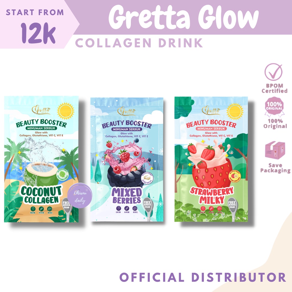 

Collagen Drink Gretta Glow Beauty Booster Minuman Kolagen Rasa Mixed Berries Coconut Strawberry Milky