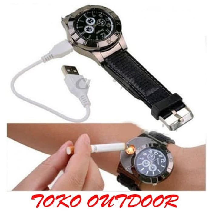 Jam Tangan Pria Korek Elektrik USB Hadiah Api Rokok Quartz