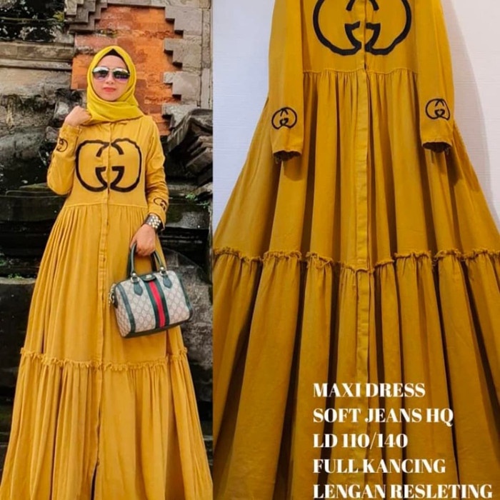 PREMIUM LONG DRESS MAXI GAMIS MUSLIMAH PANJANG WANITA JEANS MOTIF IMPORT