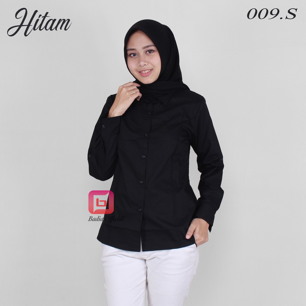 kemeja hitam motif list bordir kupnat formal kantor kerja katun jumbo big size wanita premium