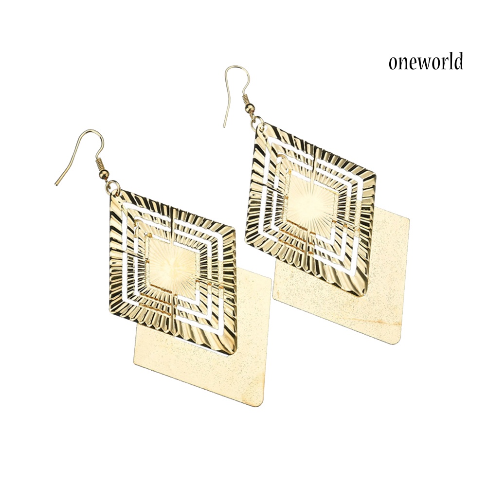 OW@ Fashion Matte Hollow Double Layer Jewelry Rhombus Long Dangle Hook Earrings