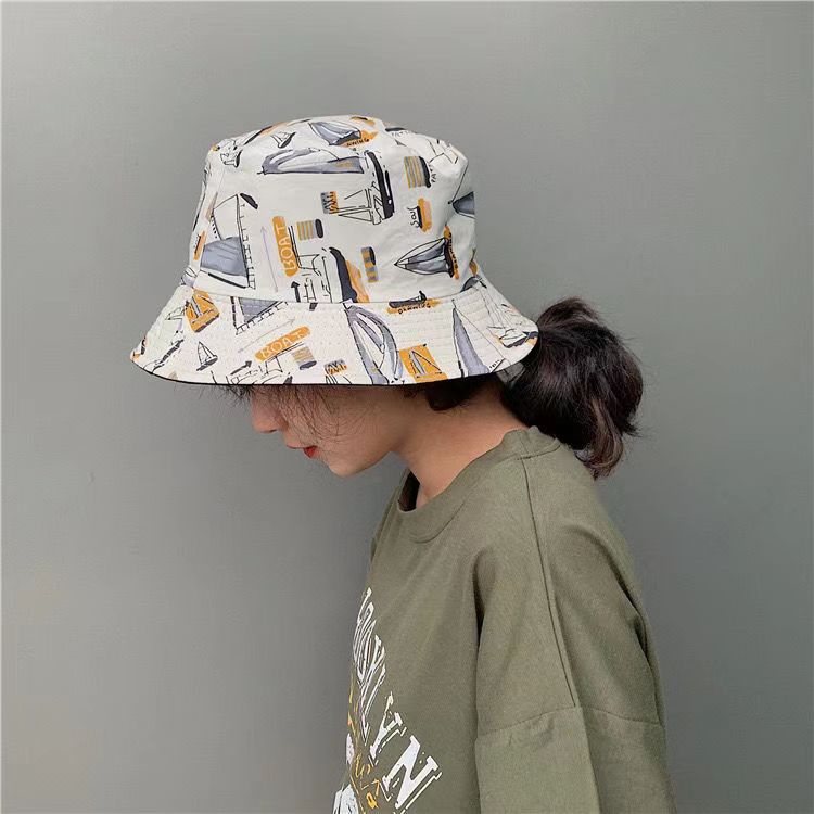 Topi Nelayan Bahan Katun Dua Sisi Motif Doodle Gaya Korea Untuk Unisex