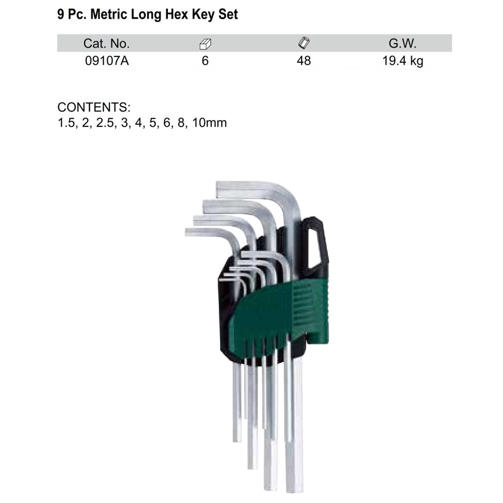 SATA Tools 09107A Metric Long Point Hex Kunci L Set [9 pcs]