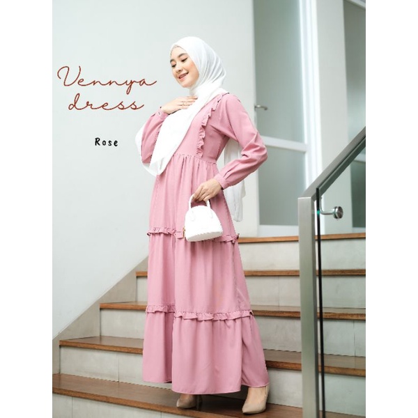 GAMIS CANTIK POLOS APLIKASI FRILL BAHAN ESHAL ZARA LEMBUT EMPUK - VENNYA DRESS
