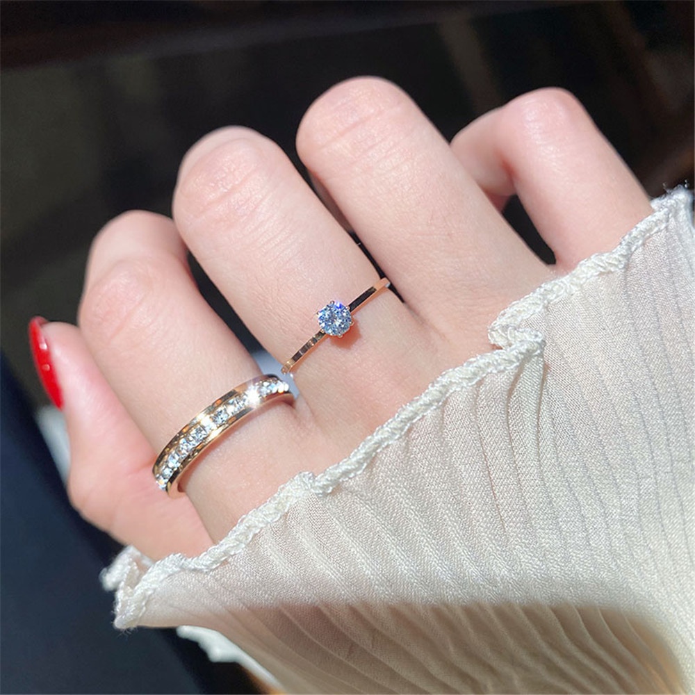 1 pcs Korea Titanium Steel Light Luxury Rose Gold Cincin Tipis Berlian Enam cakar untuk Wanita