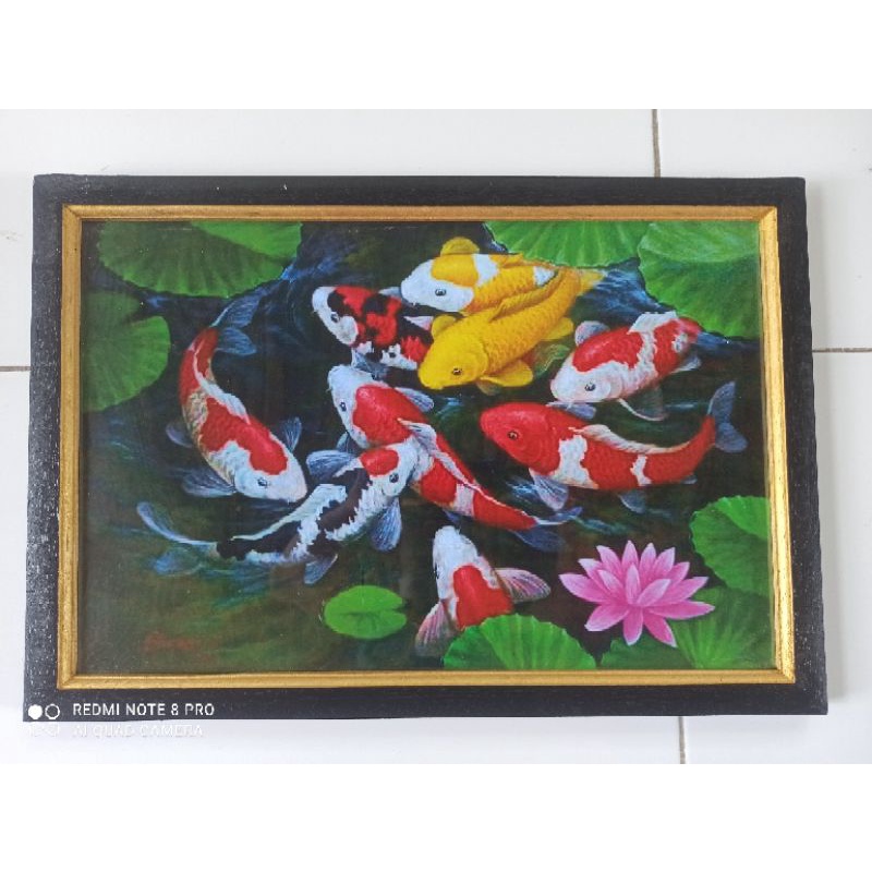 Hiasan dinding cetak gambar lukisan ikan koi plus bingkai ukuran 35x52cm