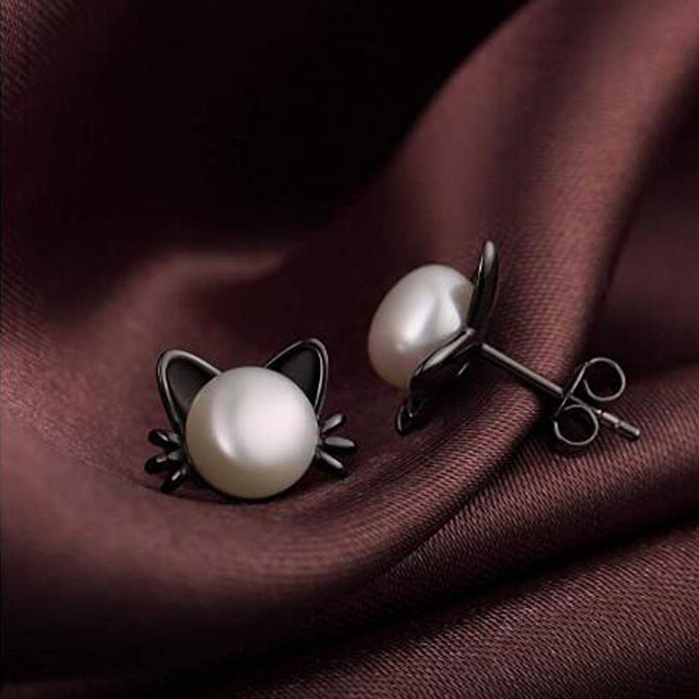 R-flower Cat Earrings Warna Hitam Untuk Wanita Gadis Perhiasan Hadiah Stud Mutiara Air Tawar