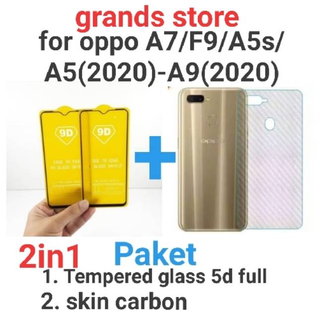 (2in1)Tempered glass full+skin carbon oppo A3S/A1K/A5s/A7/F9/A5/A9/A12/A15/A15s/A16/A31/A52/A53/A54/A72/A92(2020)