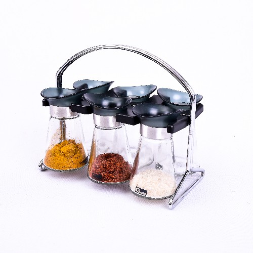 Oxone OX324 Tempat Bumbu Dapur Kaca Set 6 Pcs Dan Rak Stainless Steel Original