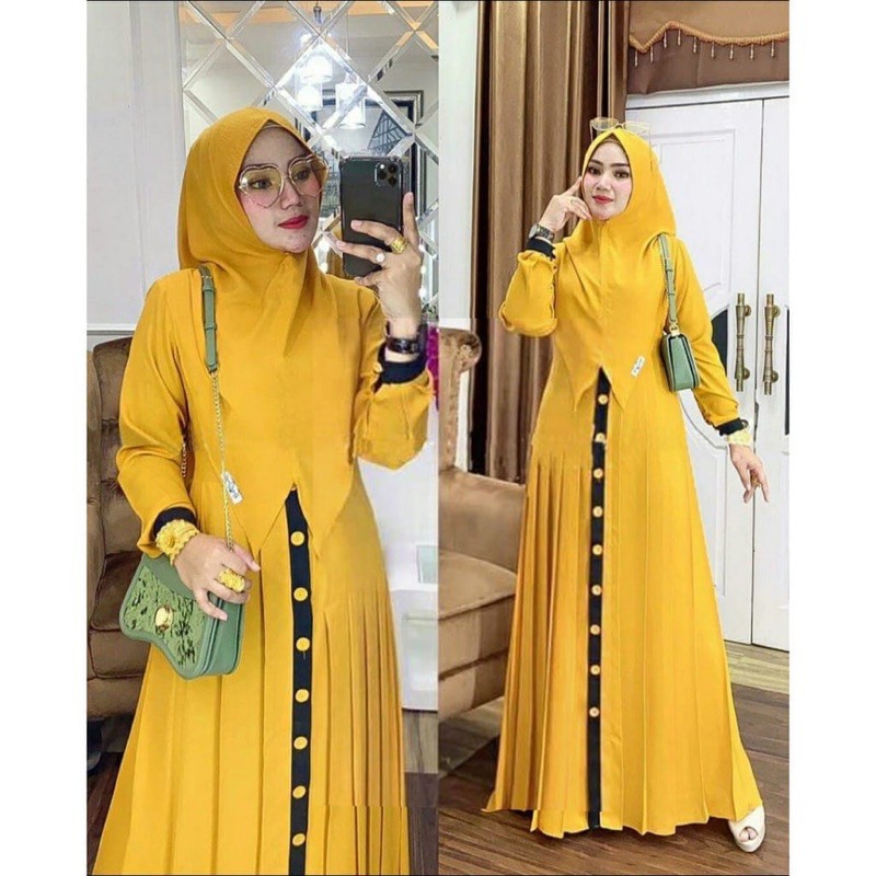 syari gamis dress terbaru 2021 elisa jumbo busui ijo mustar free kerudung