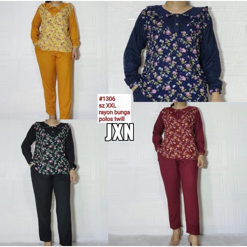 Setelan Panjang Rayon Twill Motif Bunga Kancing Hidup Kombinasi Polos // One Set Jumbo Rayon Twill B