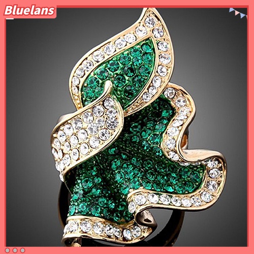Cincin Wanita Lapis Emas 9K Bentuk Daun Aksen Kristal Dan Berlian Imitasi Untuk Hadiah