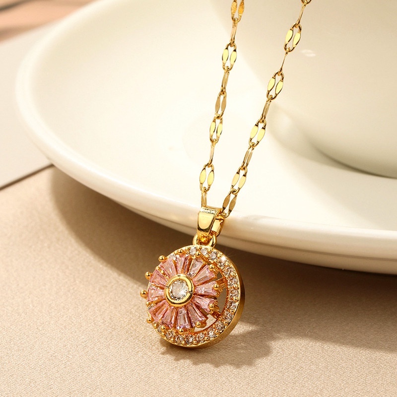 (Bisa berputar) Kalung Rantai Baja Titanium 100% Wanita, pink lucky round pendant dengan berlian, choker fashion Korea grosir