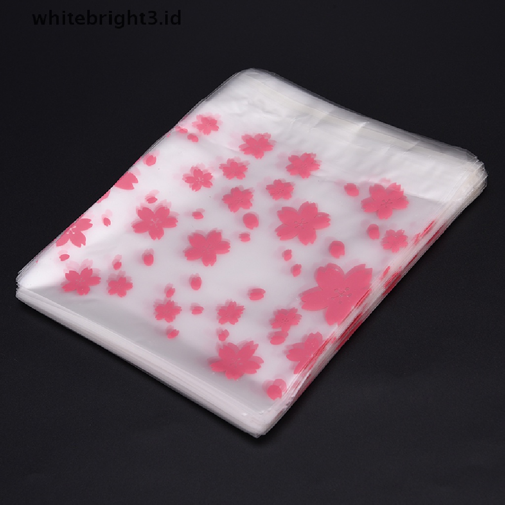 (whitebright3.id) 100pcs / Lot Kantong Permen / Kue Kering Motif Bunga Sakura Pink Dengan Perekat