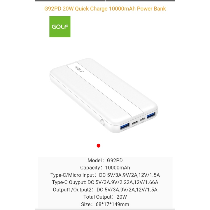 MINIGO POWER BANK G92 PD + QC 10.000mah 20w Quick Charge Warna : Black and White - 2USB Output + TypeC output PD+ QC -- 2input micro &amp; type C Fast Charge.