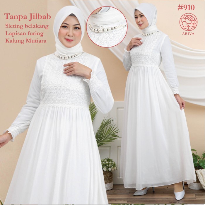 Gamis Putih Muslim Wanita Dress Brukat Lebaran Haji Umroh Manasik 910 - M