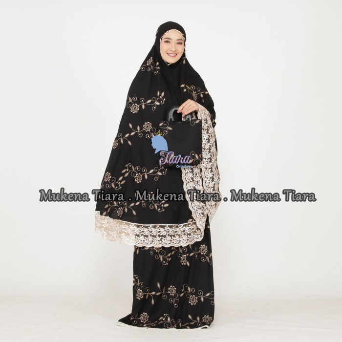 Mukena Rayon Dewasa Motif Bordir Teratai Renda Twotone - Black