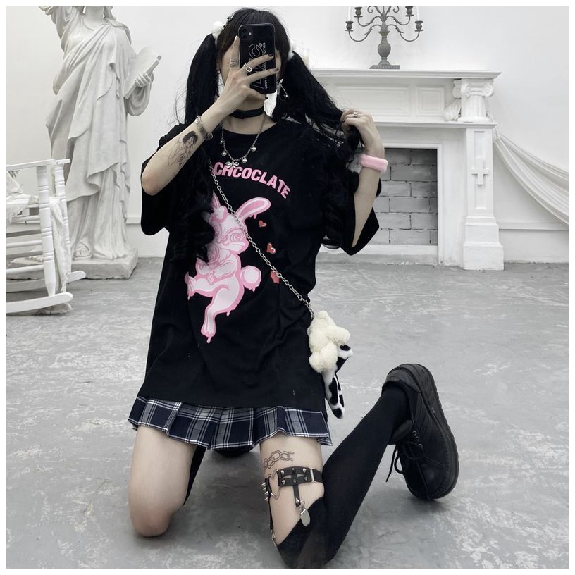 KBS-91 kaos full print kelinci rabbit black and pink oversize t-shirt import korea jepang