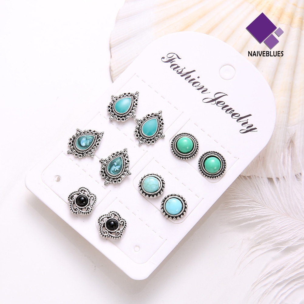 Naiveblue 5 Pasang Anting Tusuk Gantung Desain Tetesan Air Hias Turquoise Imitasi Gaya Bohemia Untuk Wanita