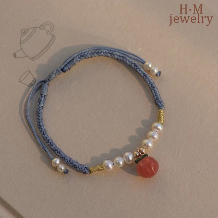 Gelang Tali Kepang Dengan Mutiara Warna Biru