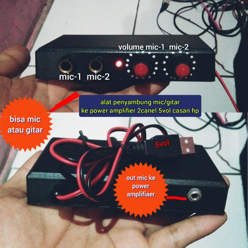 alat penyambung mic atau gitar ke power amplifier dc-5vol ke casan hp 2canel