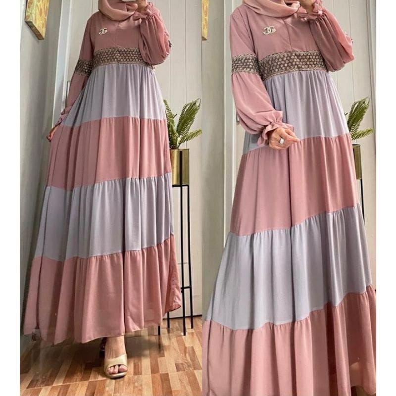 [Fashion Muslim] MALIKA DRESS maxy kombinasi warna Gamis renda Ceruty babydoll terlaris