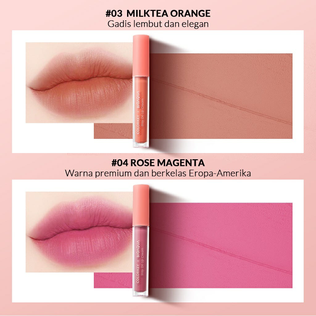 Colorkey X Bioaqua Stay On Lip Cream Matte 6 Colors Lipstick / Lipstik Matte Lipstik Tahan Lama dan Anti Air Hingga 24 Jam / BS