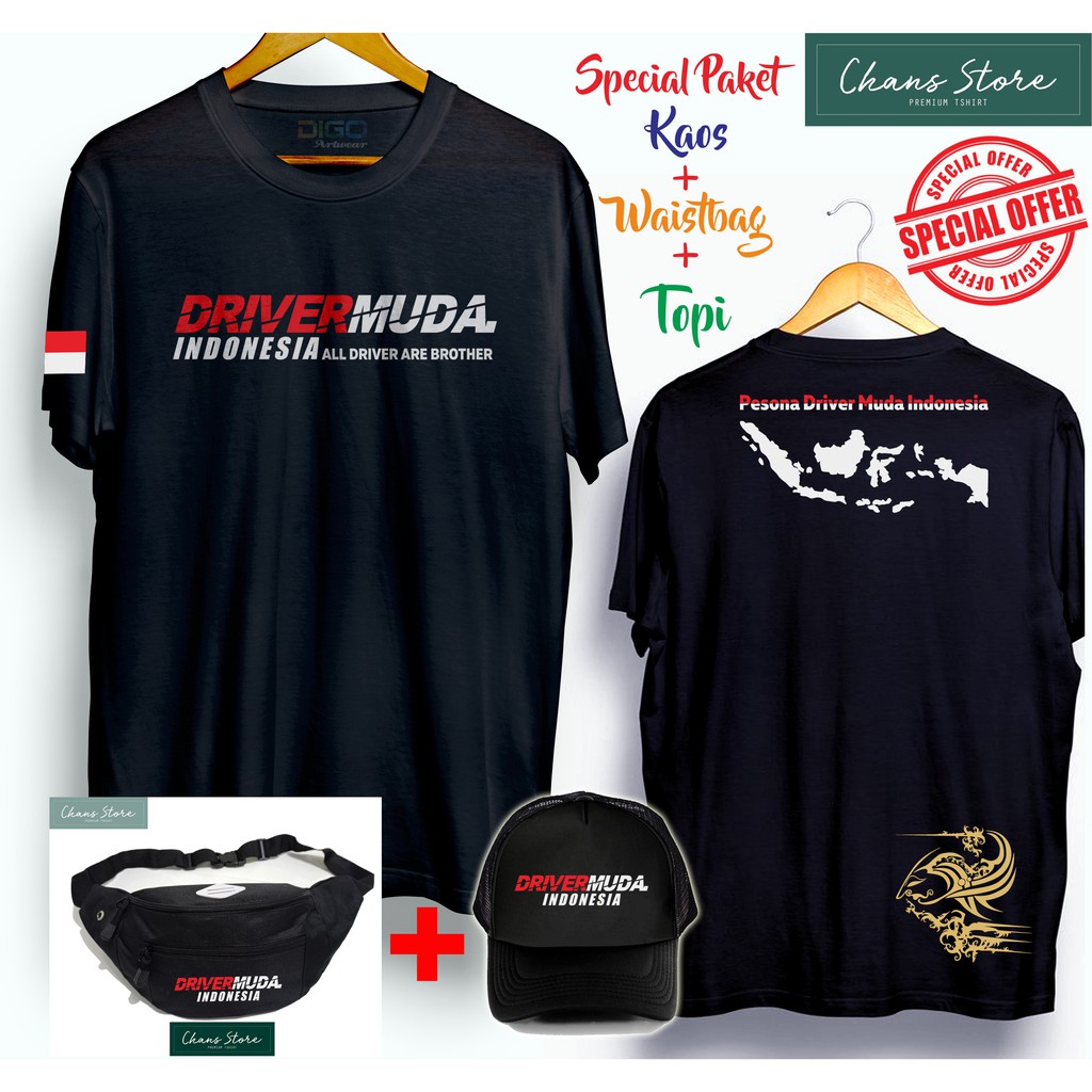 Paket Kaos + Waistbag + Topi Driver Muda Indonesia Premium Pesona Indonesia
