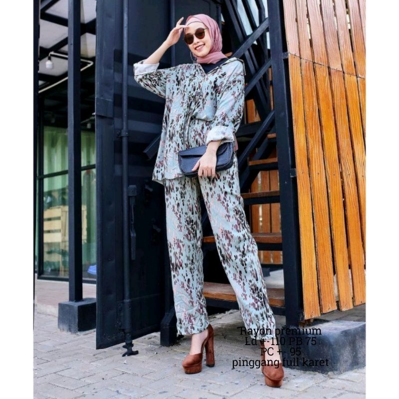 SETELAN PIYAMA WANITA PREMIUM HIGH QUALITY // LD 100 - 110 ONE SET RAYON MOTIF BARU // SET RAYON-Luna set