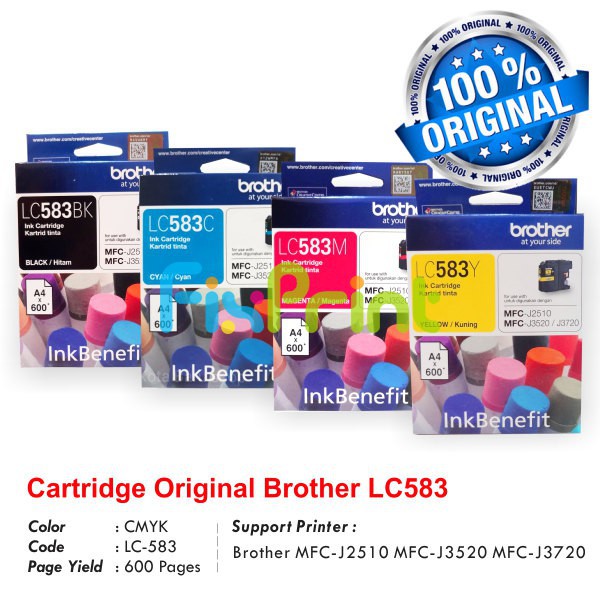 SET CMYK Cartridge Tinta Original Brother LC583BK LC583C LC583M LC583Y Printer MFC J2510 J3520 J3720