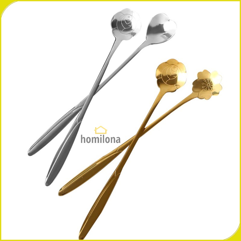 Sendok Teh Gagang Panjang Long Handled Tea Spoon Stainless Steel Petal Heart - BLEXPRET TC49 - Silver Gold