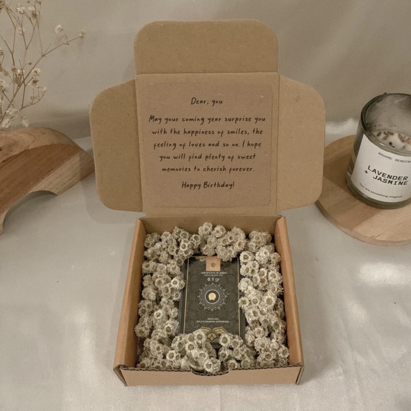 [Paket Full Bunga Edelweis] Hampers Emas Minigold Antam / Hampers Emas / Kado Ulang Tahun Wisuda Nik