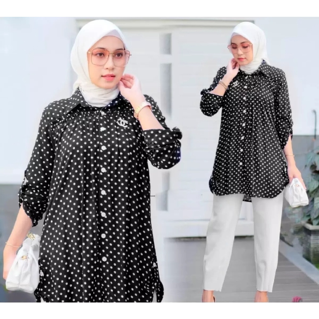 Tunik Motif Polkadot Size XL XXL XXXL XXXXL. Tunik Premium Tunik Murah Tunik Jumbo Pakaian Wanita  Baju Kasual Baju Santai Baju Formal Muslimah Atasan Ibu Menyusui Busui Termurah Terbaru Dan Kekinian Atasan Wanita Terlaris Bahan Adem Nyaman Katun Rayon.