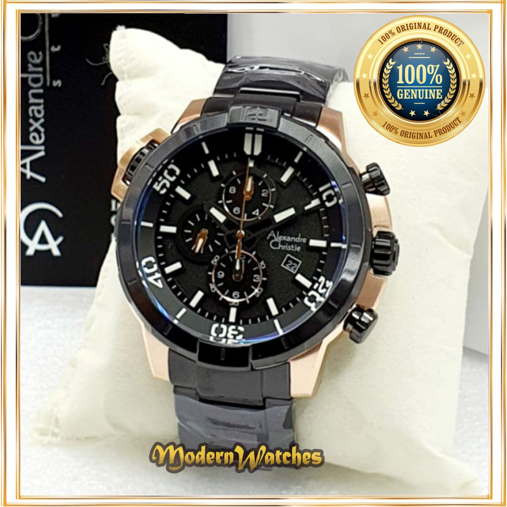 Jam Tangan Ori Pria Terbaru Alexandre Christie AC 6554 Hitam Rosegold Black item Rantai Sport Cowok