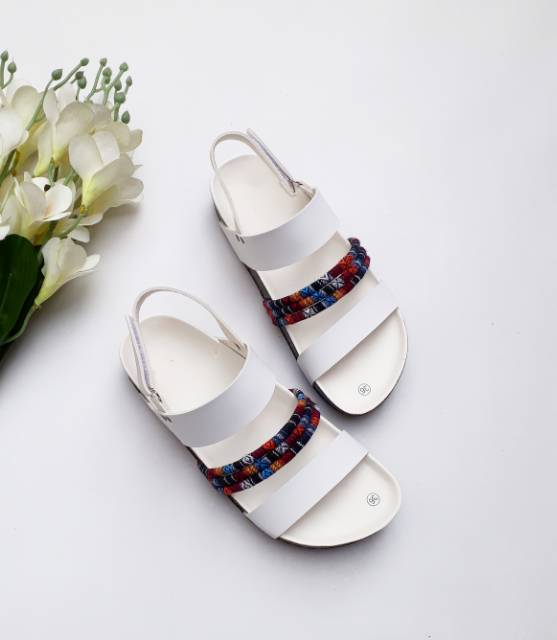 SB ~ SANDAL BIRKEN WANITA TALI TENUN PUTIH ETNIC