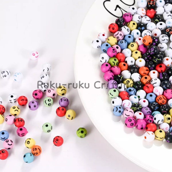 (60 Pcs) Mote Manik Smile Bulat Warna Warni Manik Emoji Karakter