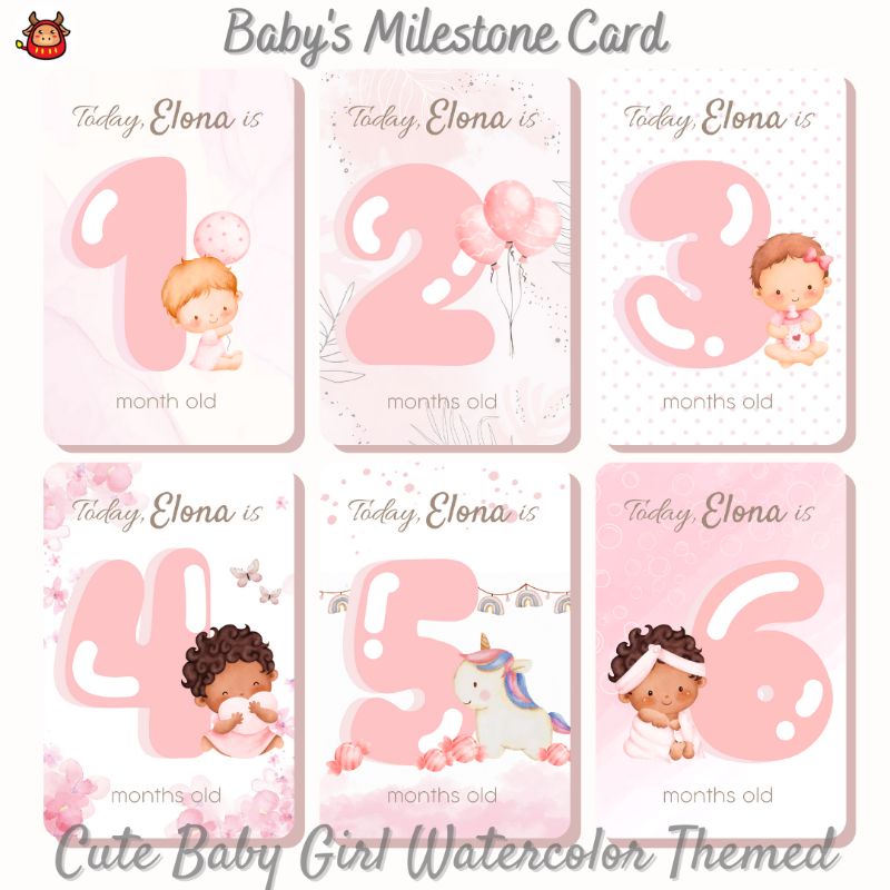 Baby Milestone Card Cute baby girl &amp; boy / Cute Bear watercolor themed Kartu selfie bayi kartu foto bayi milestone