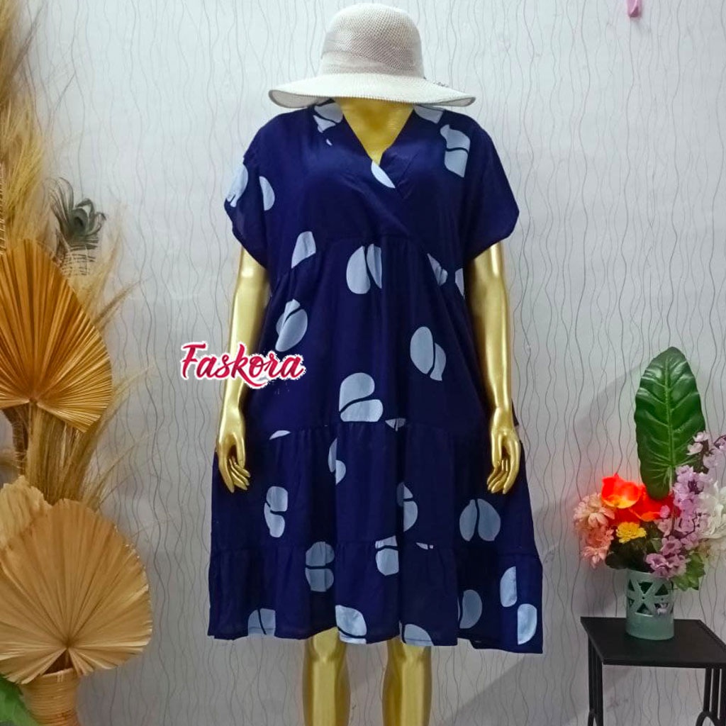 Dress Ruffle Wanita Dewasa Rayon Midi Busui Friendly Motif Kopi