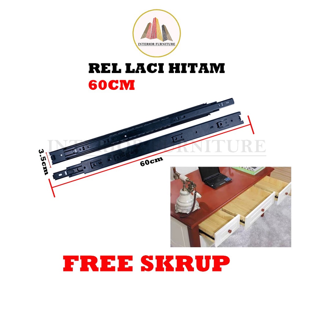 Rel Laci Double Track Hitam 60 cm Full Extention 2x Tarikan