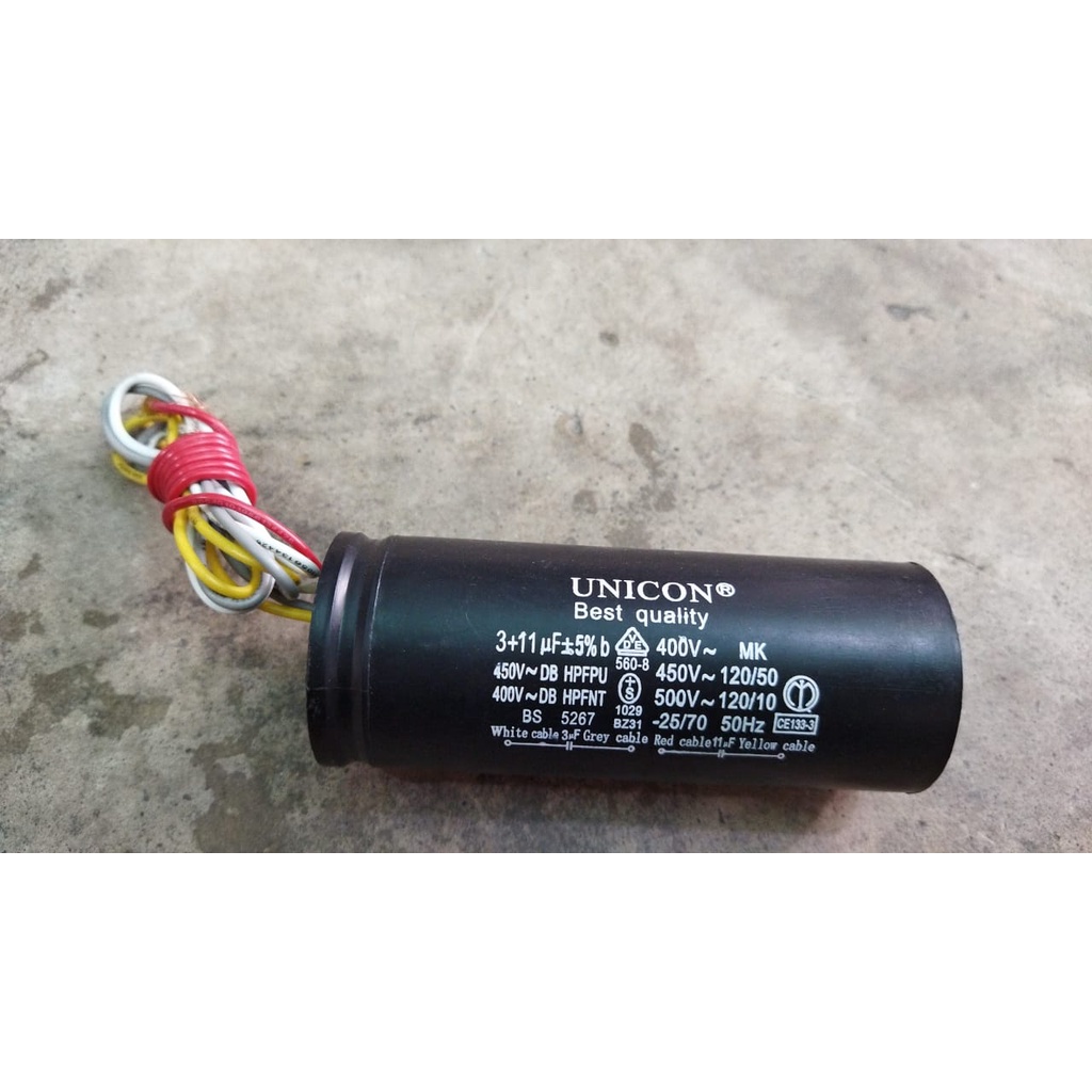 UNICON KAPASITOR BULAT KABEL 3+11UF SHARP | CAPASITOR MESIN CUCI SHARP 4KABEL  |KAPASITOR 3+11 MIKRO