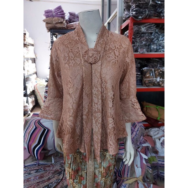 (BrTr92/100/110) Kebaya Floy Brokat GLITTER  7/8 busui TEROMPET KeroncongBusana-Coklat Susu