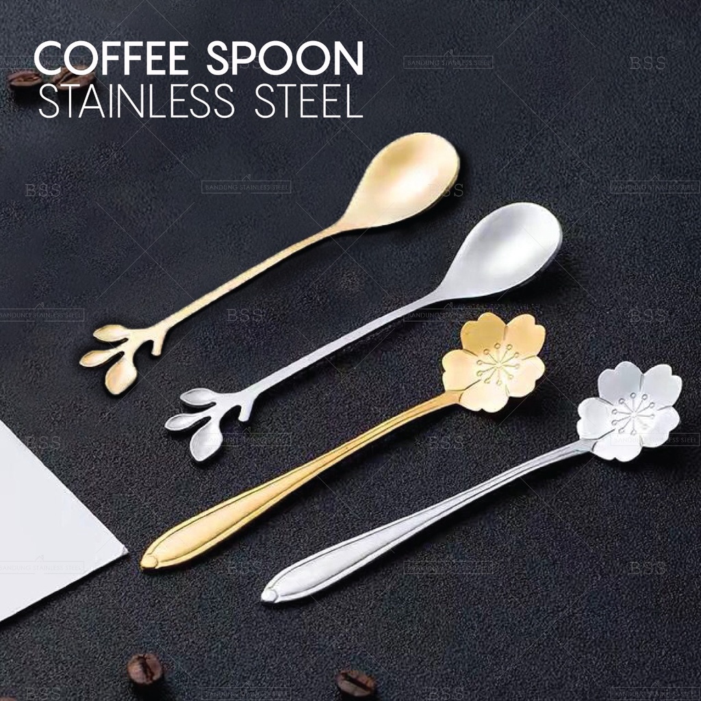 Sendok Minum Teh Kopi Dessert Mewah Stainless Steel Kocokan Motif Bunga Daun Warna Emas Silver Lucu