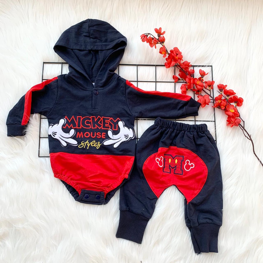 Setelan baju jumper hoodie &amp; celana motif mickey bestseller fashion anak bayi cowok laki murah -mic