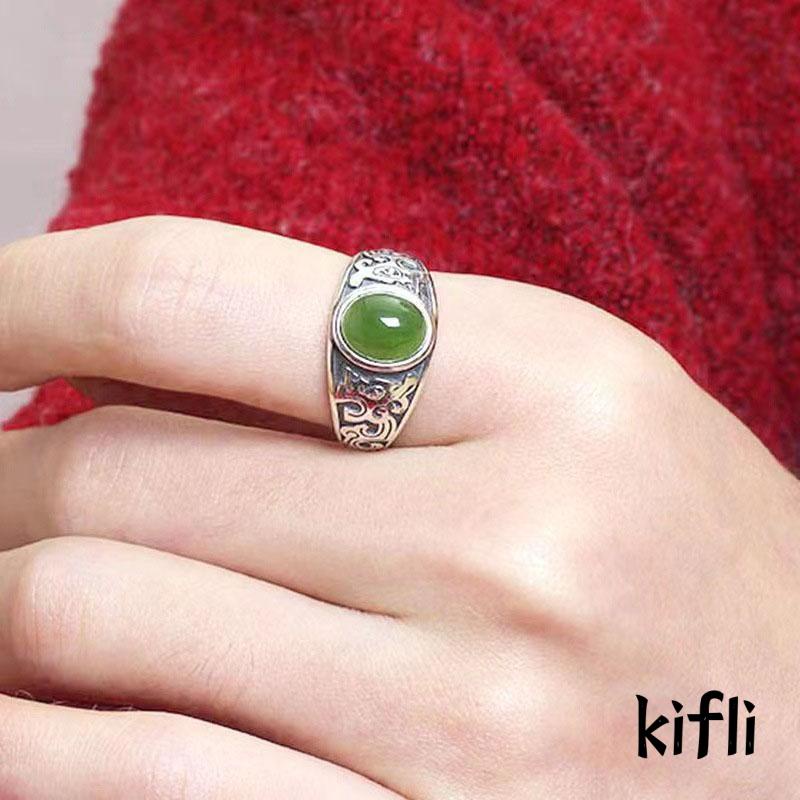 Cincin Giok Hetian Imitasi Lapis Silver Model Terbuka Dapat Disesuaikan Gaya Vintage Untuk Unisex